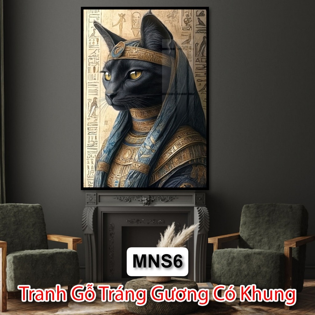 Tranh Mèo Nhân Sư - Tranh Tráng Gương Mèo Ai Cập - Tranh Trang Trí Phòng Khách - Khách Sạn