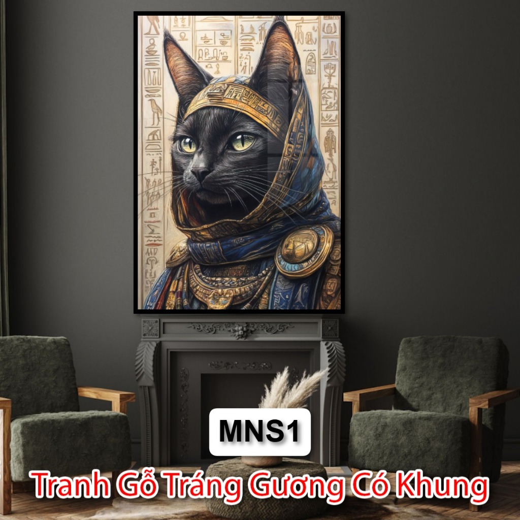 Tranh Mèo Nhân Sư - Tranh Tráng Gương Mèo Ai Cập - Tranh Trang Trí Phòng Khách - Khách Sạn