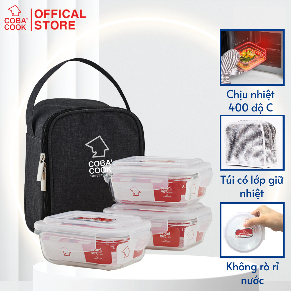 Ảnh Bộ 3 Hộp Cơm Thủy Tinh COBACOOK Hình Chữ Nhật 370ml Kèm Túi Giữ Nhiệt- CCL33BS 1
