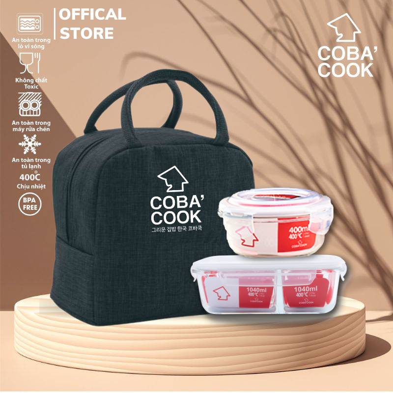 Ảnh Bộ Hộp Cơm Chia 3 Ngăn 1040ml Và Hộp Tròn 400ml Chống Tràn Chịu Nhiệt Kèm Túi COBACOOK- CCL1NR42BB 1