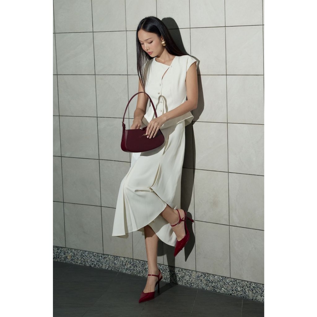 Vella Fashion set áo peplum cổ bất đối xứng phối chân váy midi VA25003 VV25004 - EMMA Set