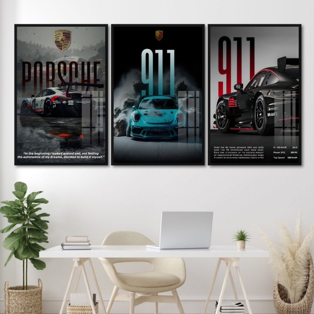 Tranh Siêu Xe PORSCHE Treo Tường Tráng Gương Có Khung Decor Phòng Ngủ Phòng Khách Không Gian Làm Việc