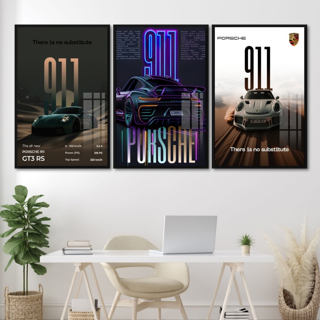Tranh Siêu Xe PORSCHE Treo Tường Tráng Gương Có Khung Decor Phòng Ngủ Phòng Khách Không Gian Làm Việc