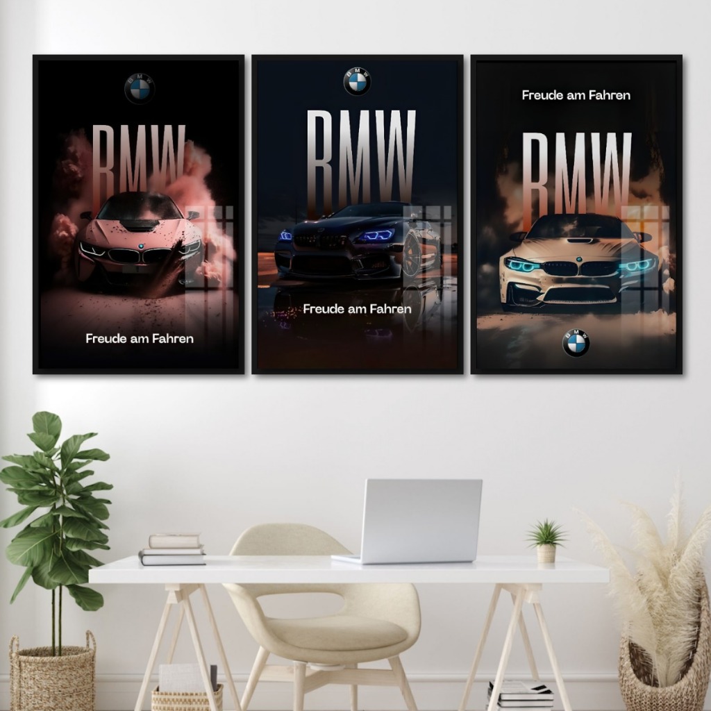 Tranh Siêu Xe BMW Treo Tường Tráng Gương Có Khung Decor Phòng Ngủ Phòng Khách Không Gian Làm Việc