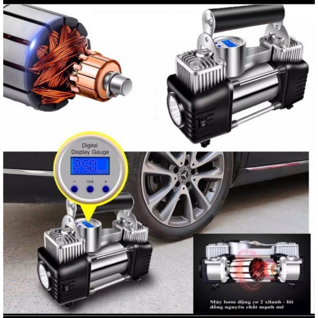 Bơm lốp ô tô 2 xilanh nội địa Bơm lốp xe hơi  điện tử tự ngắt đo áp suất lốp chi tiết Bảo hành 12 tháng