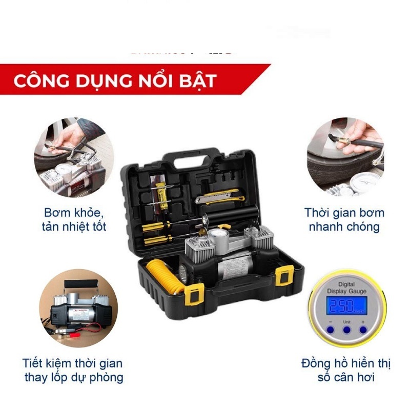 Bơm lốp ô tô 2 xilanh nội địa Bơm lốp xe hơi  điện tử tự ngắt đo áp suất lốp chi tiết Bảo hành 12 tháng