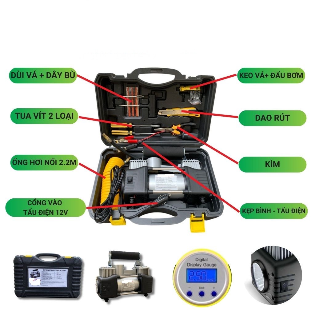 Bơm lốp ô tô 2 xilanh nội địa Bơm lốp xe hơi  điện tử tự ngắt đo áp suất lốp chi tiết Bảo hành 12 tháng