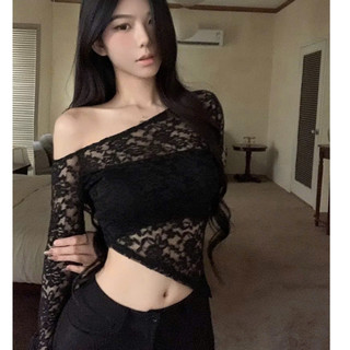 Áo ren Black Họa Tiết Thiết Kế Vạt lệch tay Loe XẺ Kiểu Cách Ôm BODY