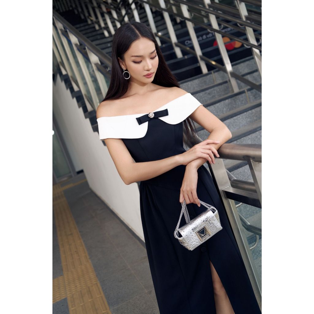 Vella Fashion đầm midi trễ vai phối nơ xẻ trước VD25013 - AMELIA dress