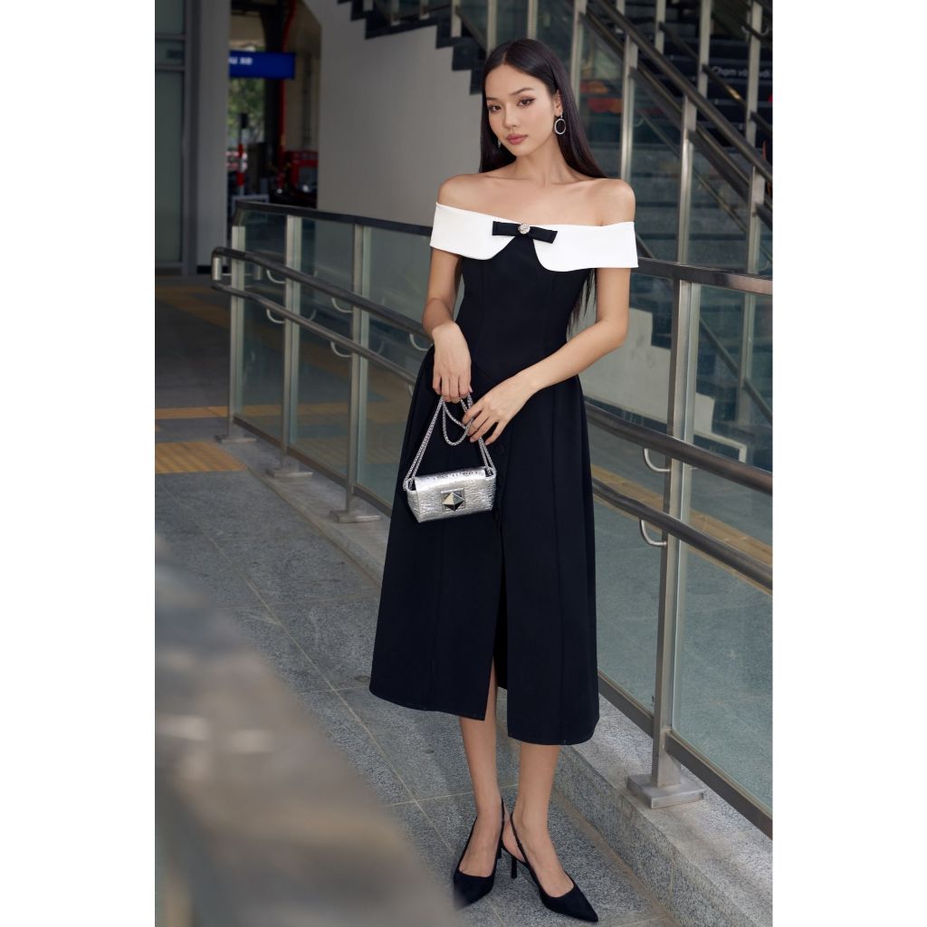 Vella Fashion đầm midi trễ vai phối nơ xẻ trước VD25013 - AMELIA dress