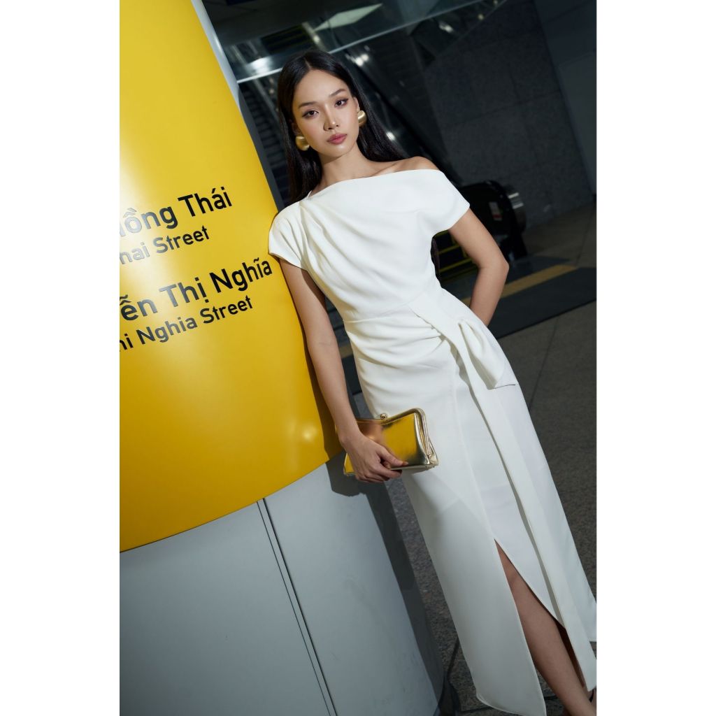 Đầm dạ tiệc lệch vai phối nơ 3D che bụng tôn dáng sang trọng – Vella Fashion VD25016