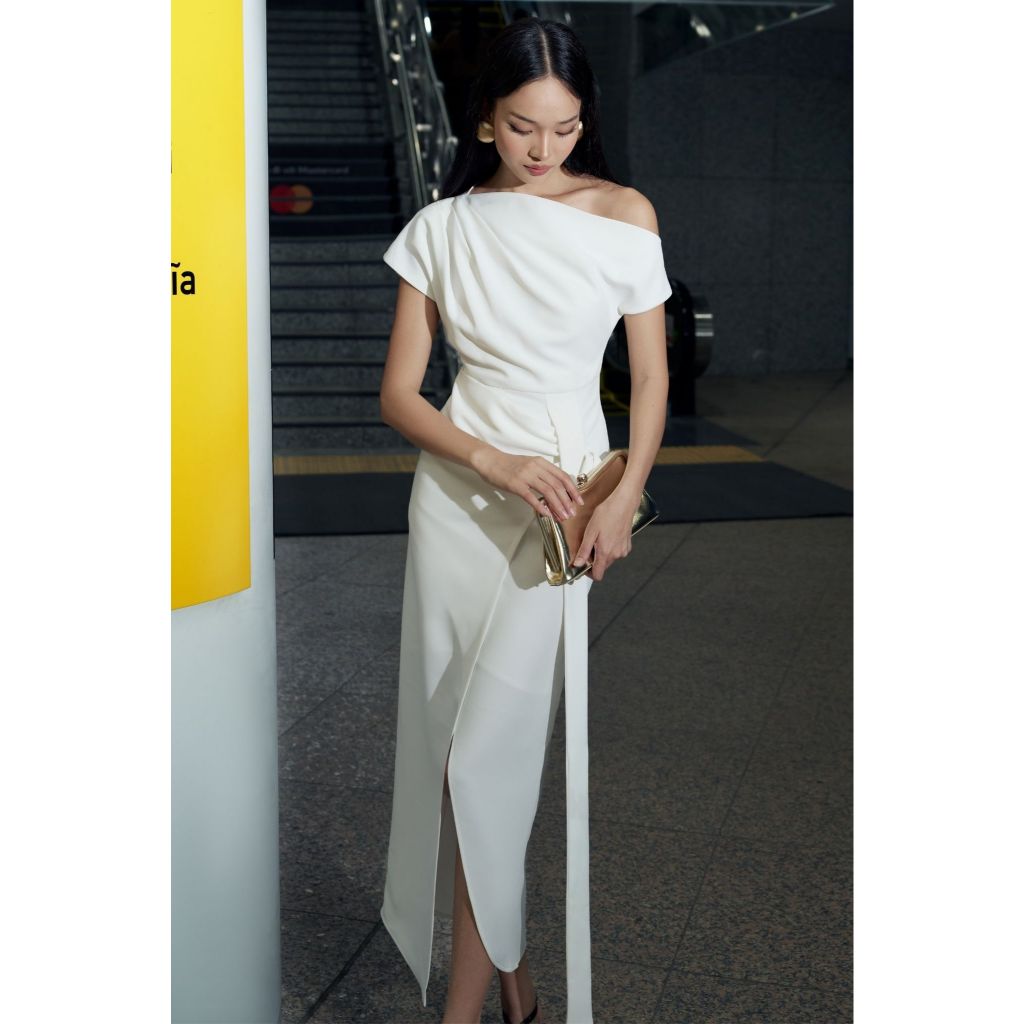 Đầm dạ tiệc lệch vai phối nơ 3D che bụng tôn dáng sang trọng – Vella Fashion VD25016