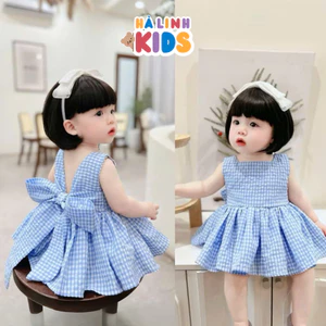 Váy Kẻ Xòe Sát Nách Cho Bé Gái Đính Nơ Sau Lưng Siêu Dễ Thương Phong Cách Hàn Quốc