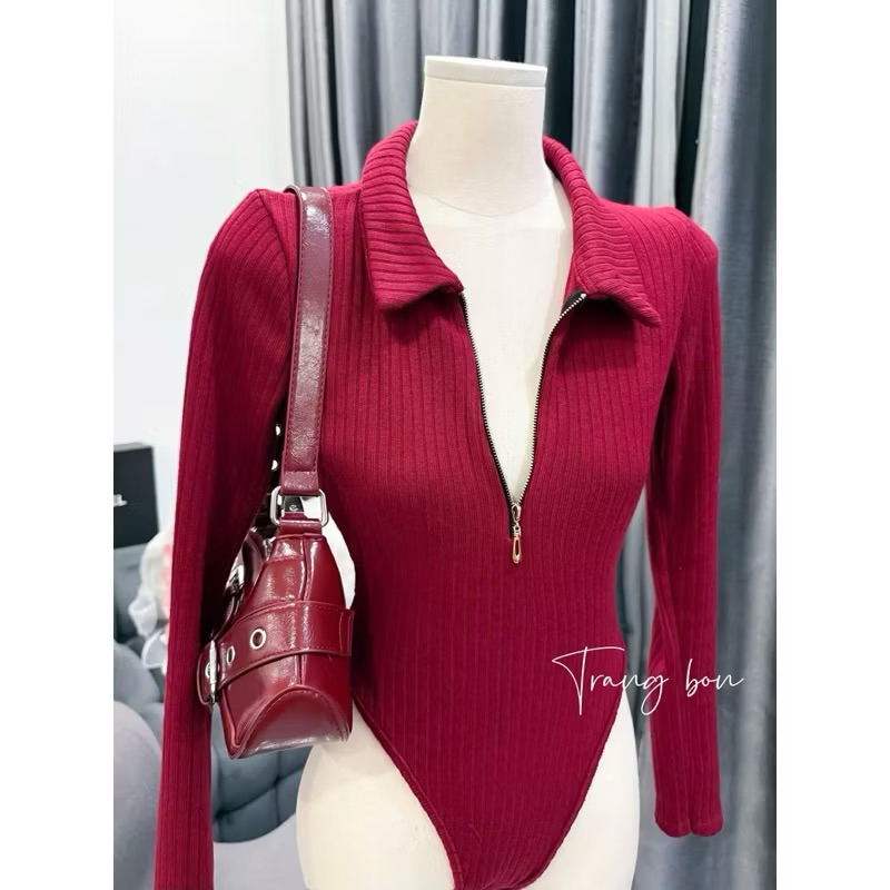 Áo body suit cổ bẻ có khoá kéo kèm tang phối gì cũng xinh