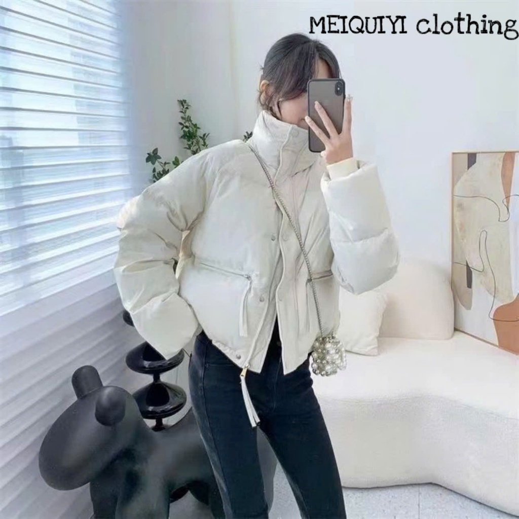 MEIQUIYI Áo phao Unisex thu đông trơn dáng lửng cổ cao giữ nhiệt tốt