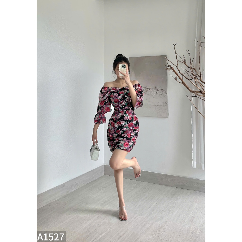 Đầm hoa tơ nhún trước sau khuy bọc tay loe ôm body A1527