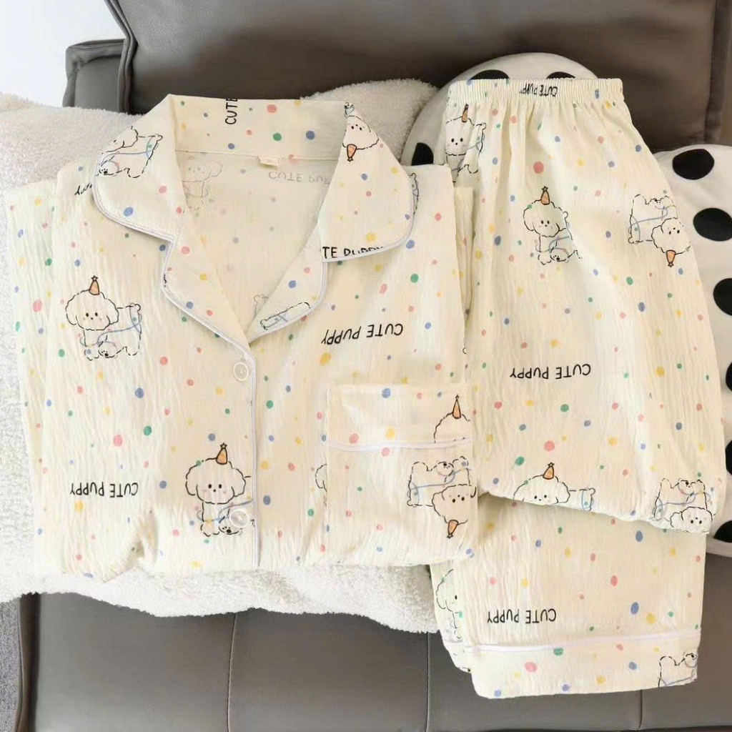 MEIQUIYI  Pyjama nữ mùa hè mẫu tay dài in hoạ tiết hoạt hình