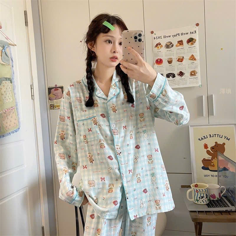 MEIQUIYI  Pyjama nữ mùa hè mẫu tay dài in hoạ tiết hoạt hình