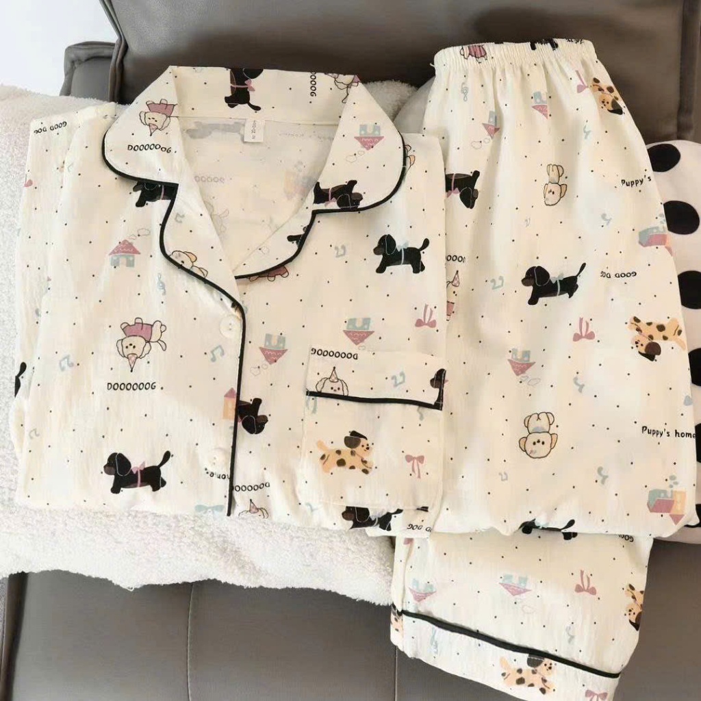 MEIQUIYI  Pyjama nữ mùa hè mẫu tay dài in hoạ tiết hoạt hình