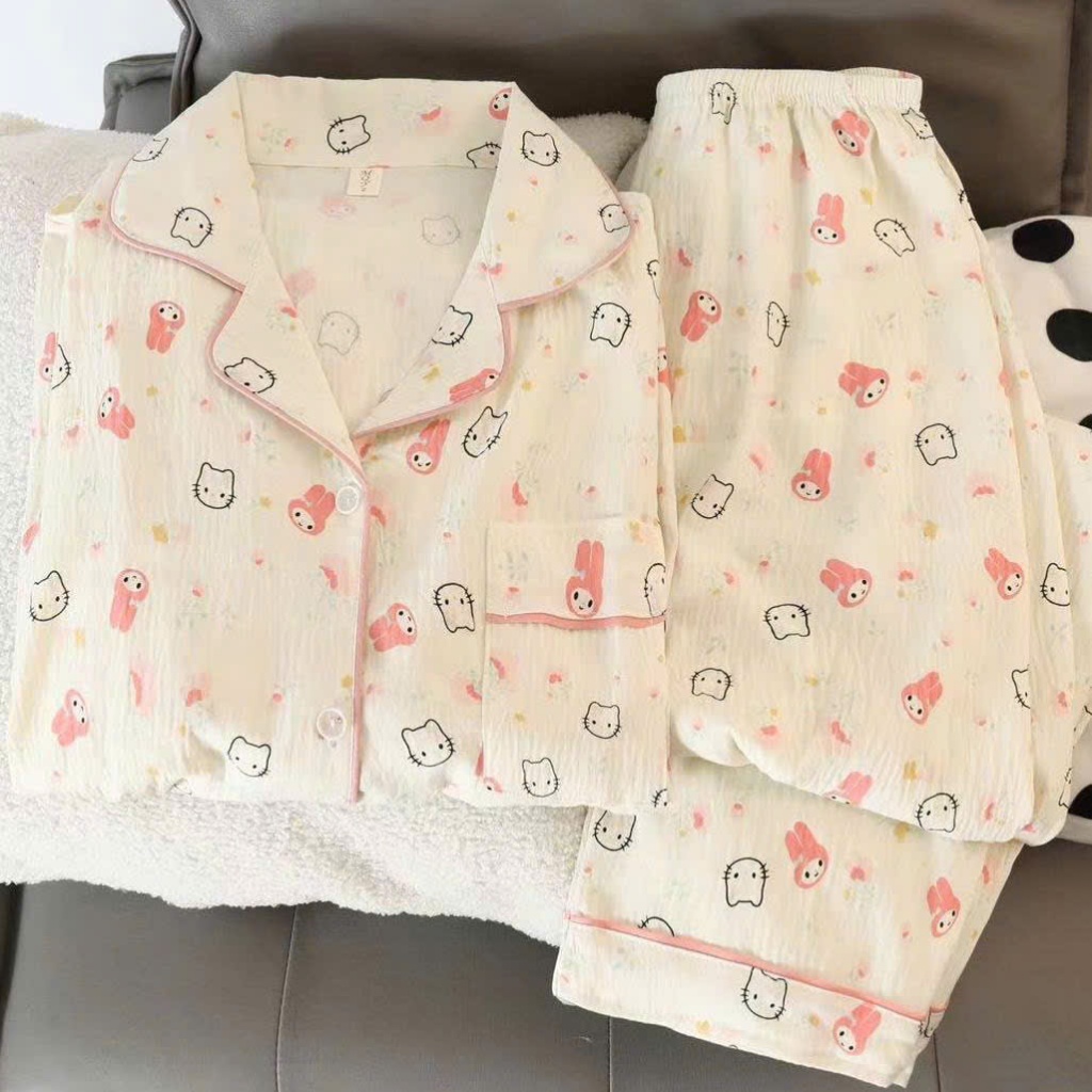 MEIQUIYI  Pyjama nữ mùa hè mẫu tay dài in hoạ tiết hoạt hình