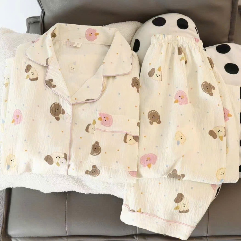 MEIQUIYI  Pyjama nữ mùa hè mẫu tay dài in hoạ tiết hoạt hình