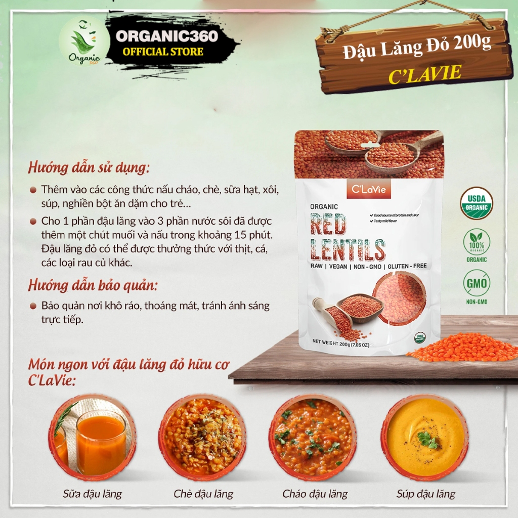 Ảnh Đậu Lăng Đỏ Hữu Cơ C'LAVIE 200g Organic Red Lentils 1