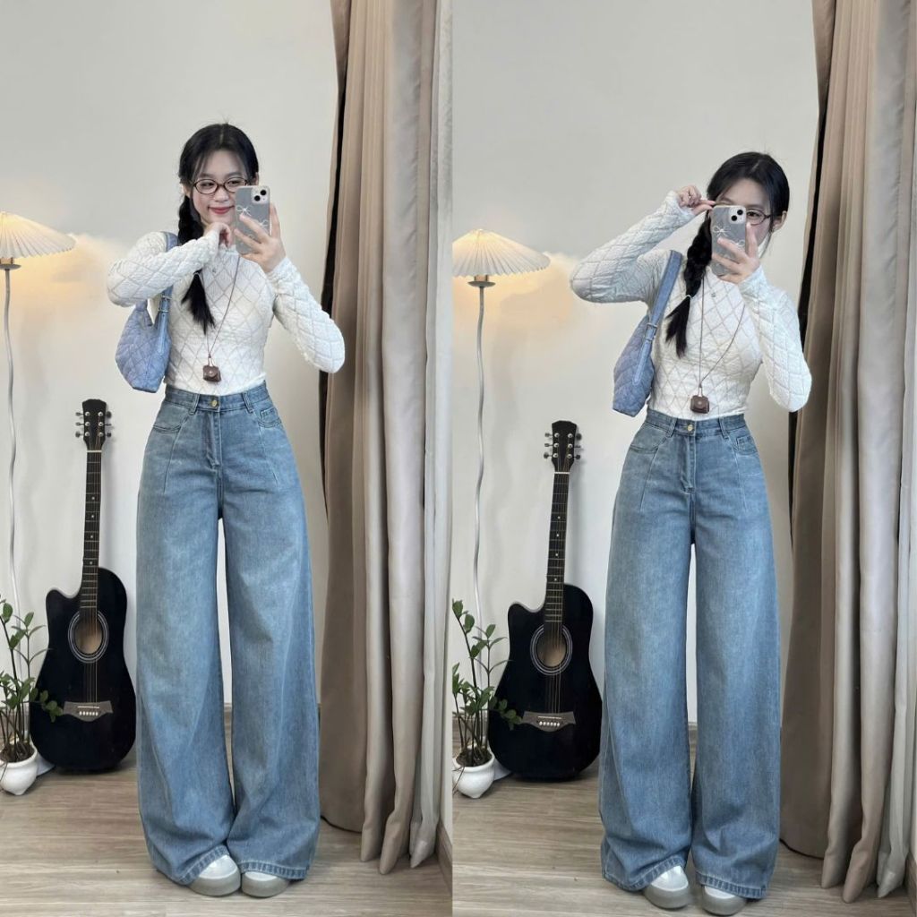 Quần jean nữ Joolate suông trơn denim basic ống đứng màu xanh mài nhẹ dáng basic Jeantron