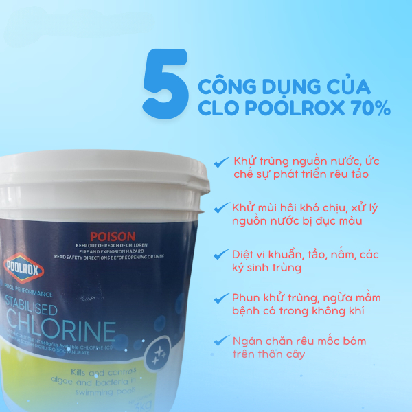 Clo Poolrox được xử lý nước bể bơi, nước cấp sinh hoạt, nước thải, dùng trong ngành công nghiệp bột giấy, vải sợi, nuôi trồng thủy sản, khử mùi cống thoát nước gia đình, nhà hàng, khách sạn..