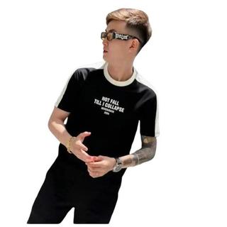 Áo thun nam cổ tròn Cotton phối viền vai cổ màu sắc có chữ in trước áo lên đồ cực đẹp và chất