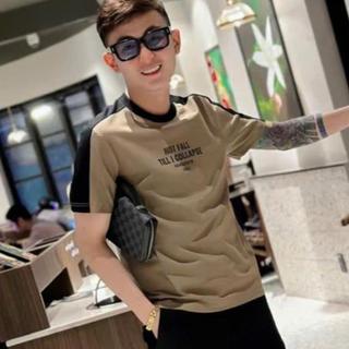 Áo thun nam cổ tròn Cotton phối viền vai cổ màu sắc có chữ in trước áo lên đồ cực đẹp và chất