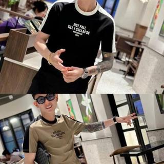 Áo thun nam cổ tròn Cotton phối viền vai cổ màu sắc có chữ in trước áo lên đồ cực đẹp và chất