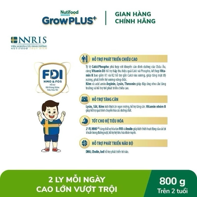 Sữa Bột Nutifood Sweden GrowPLUS+ Bạc Số 2+ Lon 800g [Cao Lớn Vượt Trội]