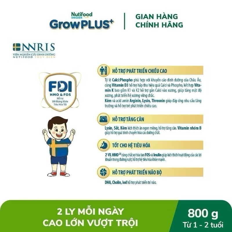 Sữa Bột Nutifood Sweden GrowPLUS+ Bạc Số 1 Lon 800g [Cao Lớn Vượt Trội]