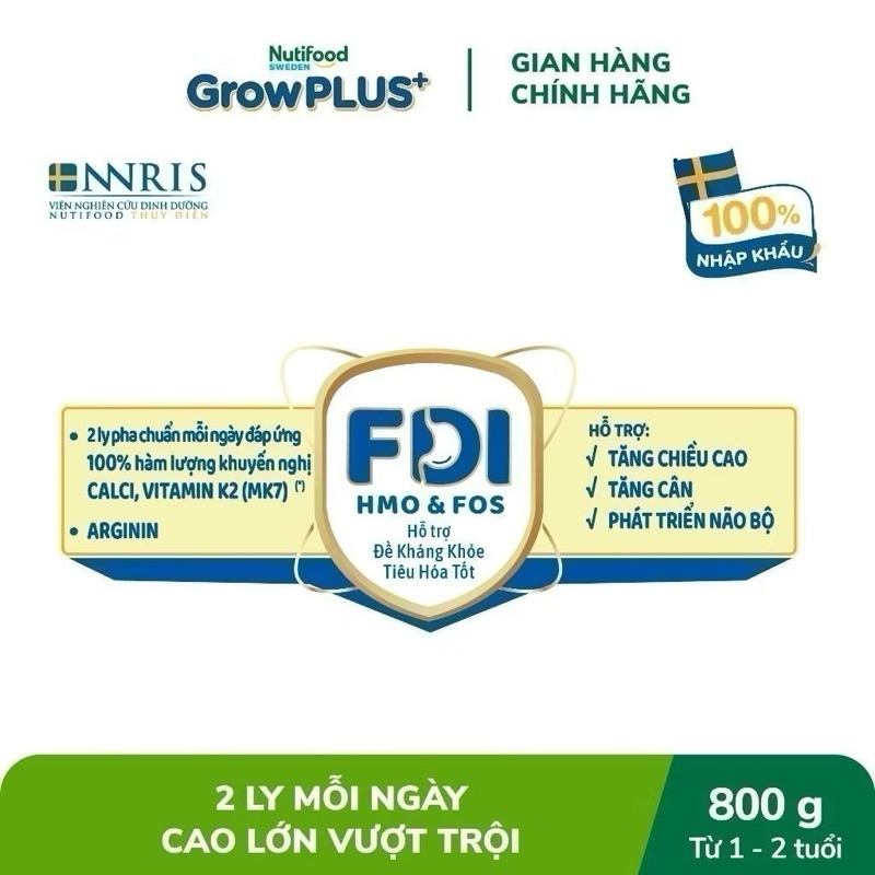Sữa Bột Nutifood Sweden GrowPLUS+ Bạc Số 1 Lon 800g [Cao Lớn Vượt Trội]