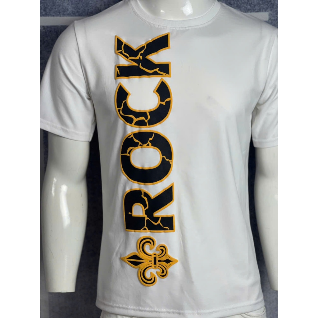 Áo thun nam cổ tròn in chữ nổi ROCK phối viền kẻ cam, Áo thun cotton co giãn chuẩn phom tôn dáng trẻ trung năng động