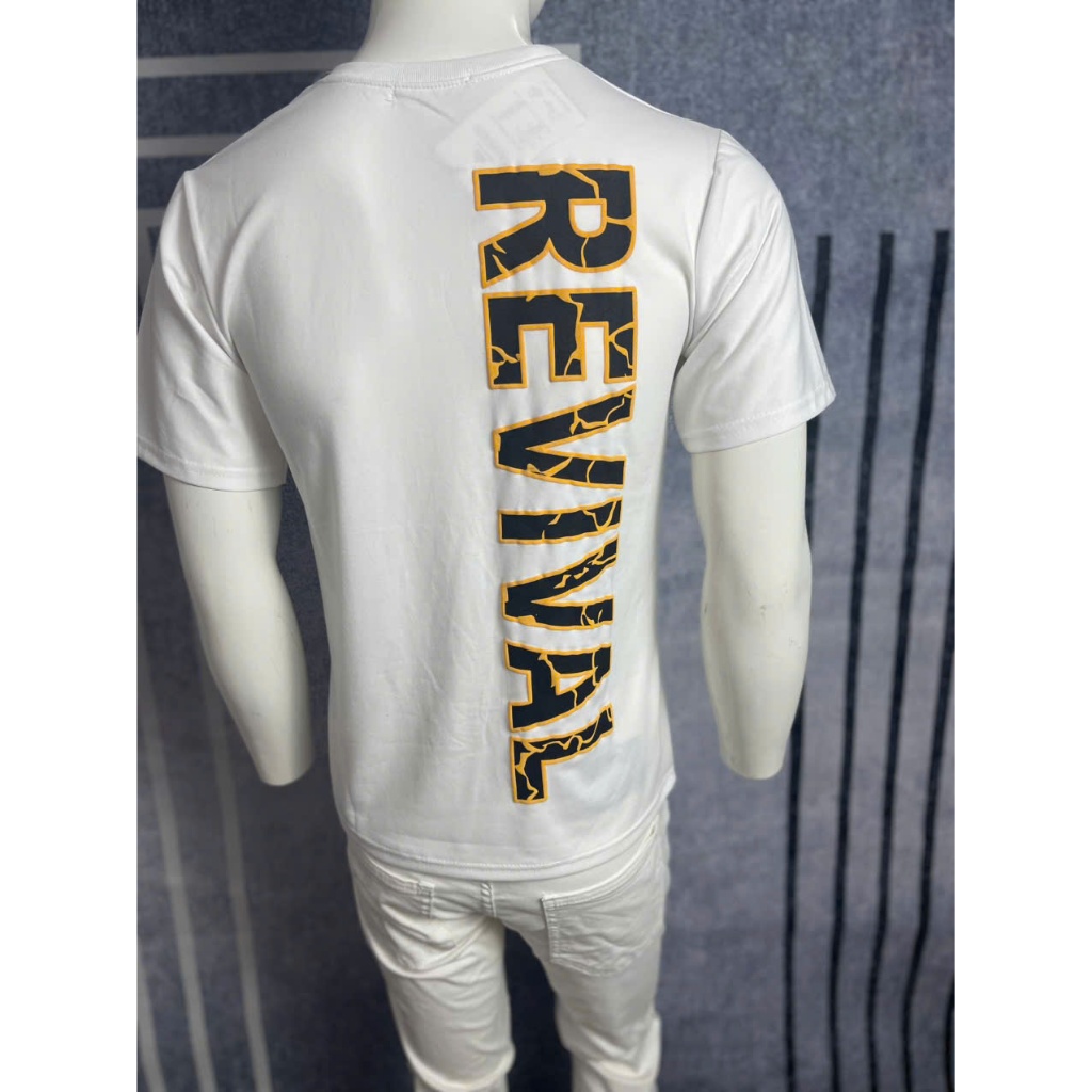 Áo thun nam cổ tròn in chữ nổi ROCK phối viền kẻ cam, Áo thun cotton co giãn chuẩn phom tôn dáng trẻ trung năng động