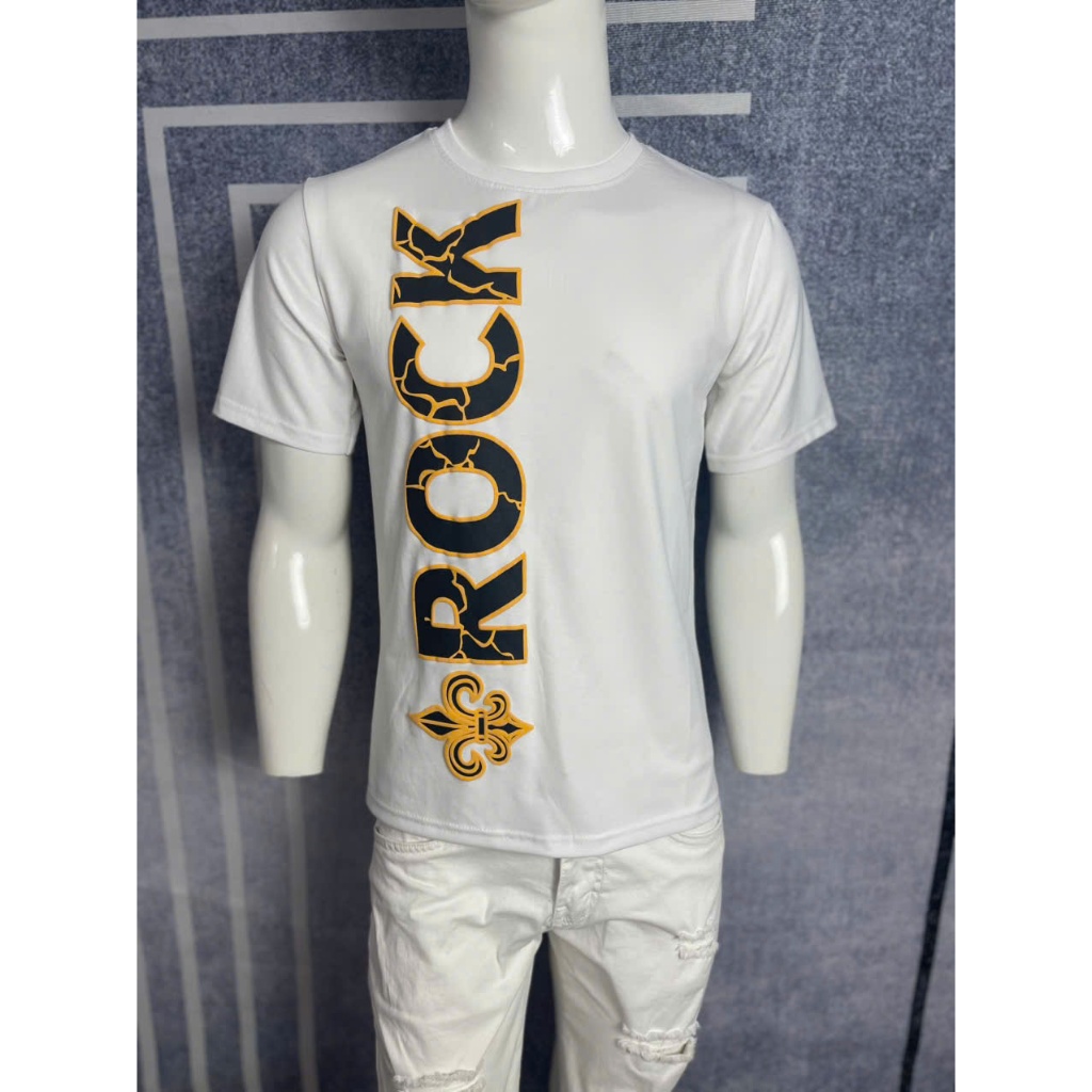 Áo thun nam cổ tròn in chữ nổi ROCK phối viền kẻ cam, Áo thun cotton co giãn chuẩn phom tôn dáng trẻ trung năng động