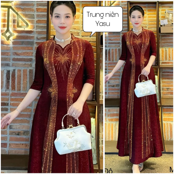 Váy Trung Niên Dáng Dài Chất Liệu Thun Nhũ Đính Đá Sự lựa chọn hoàn hảo cho phái đẹp trung niên sang trọng, quý phái