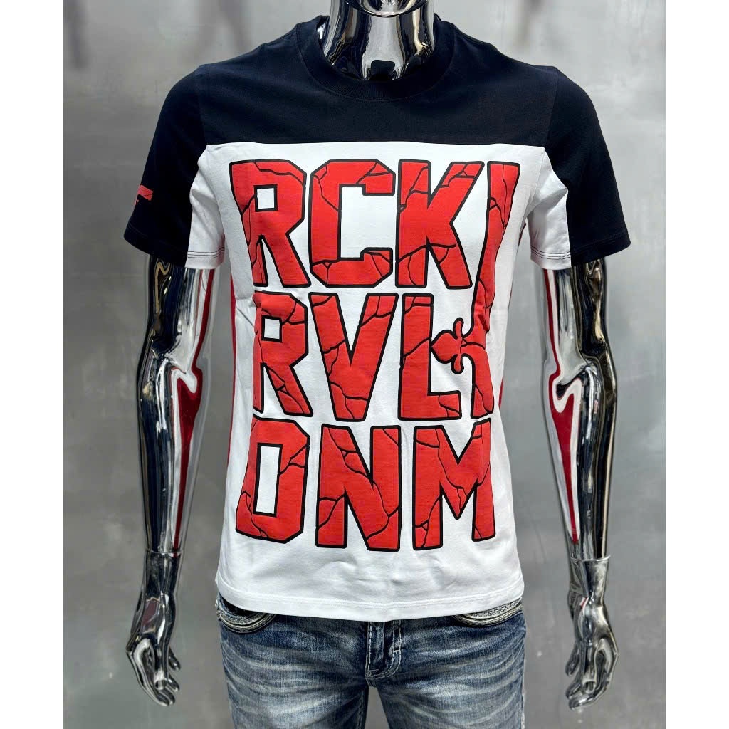 Áo thun nam cổ tròn in chữ nổi RCK, Áo thun cotton co giãn chuẩn phom tôn dáng trẻ trung năng động