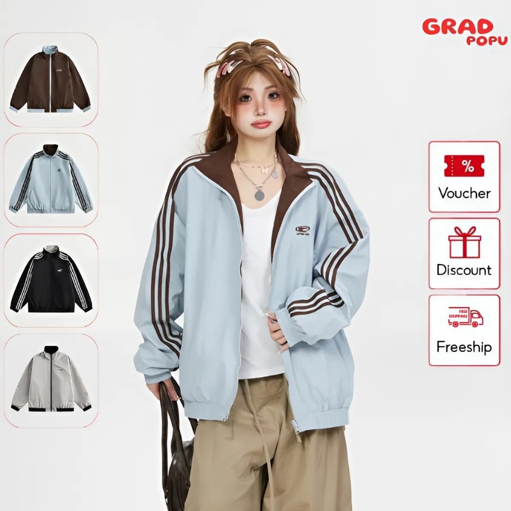 Áo khoác nữ GRADPOPU PAK17 cổ đứng dáng rộng thiết kế 2 mặt tiện lợi kẻ sọc tay áo phong cách retro Mỹ