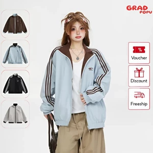 Áo khoác nữ GRADPOPU PAK17 cổ đứng dáng rộng thiết kế 2 mặt tiện lợi kẻ sọc tay áo phong cách retro Mỹ
