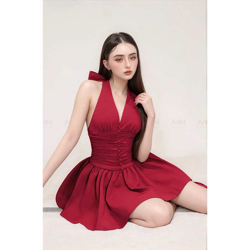Ảnh Đầm dự tiệc MINA hở lưng dáng xoè ngắn chất Cotton trẻ trung màu đỏ đô MN303 2