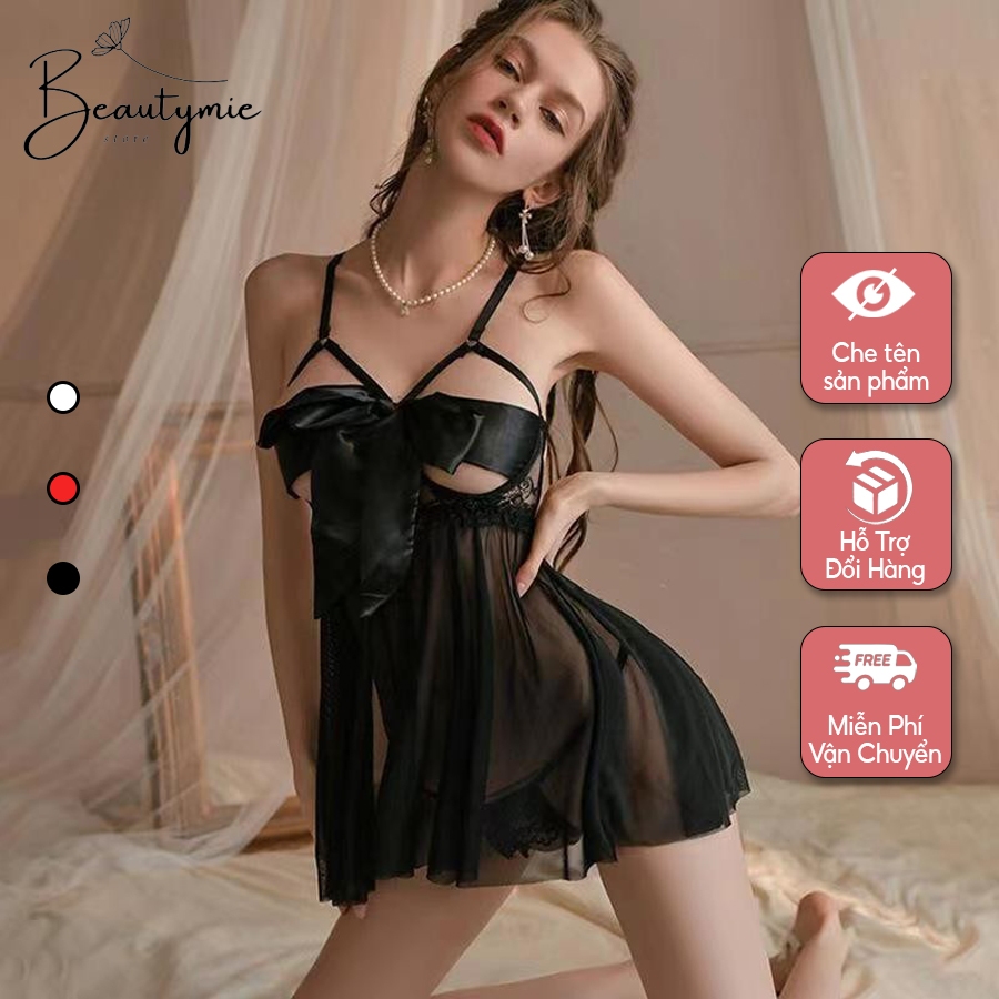 Váy ngủ sexy ren xuyên thấu có gọng cột nơ ngực gợi cảm đầm tiểu thư 2 dây hở lưng đen đỏ trắng quyến rũ