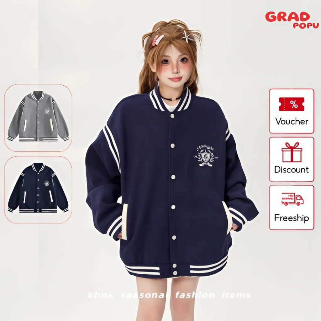 Áo khoác bóng chày nữ GRADPOPU PAK37 phối màu kẻ sọc dáng rộng thể thao chất nỉ dày dặn giữ ấm tốt