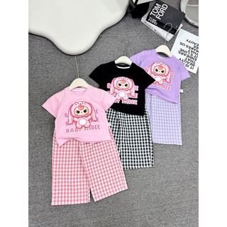 B10 Set đồ bé áo áo thun+quần caro hoạt tiết baby three hot hit, đồ bộ bé gái sz 10-30kg