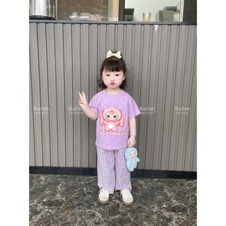B10 Set đồ bé áo áo thun+quần caro hoạt tiết baby three hot hit, đồ bộ bé gái sz 10-30kg