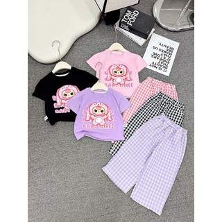 B10 Set đồ bé áo áo thun+quần caro hoạt tiết baby three hot hit, đồ bộ bé gái sz 10-30kg