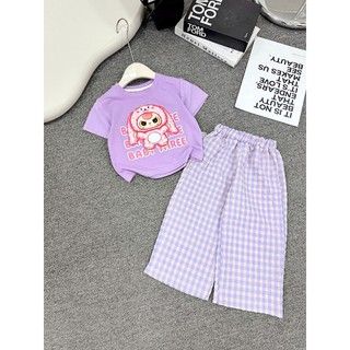 B10 Set đồ bé áo áo thun+quần caro hoạt tiết baby three hot hit, đồ bộ bé gái sz 10-30kg