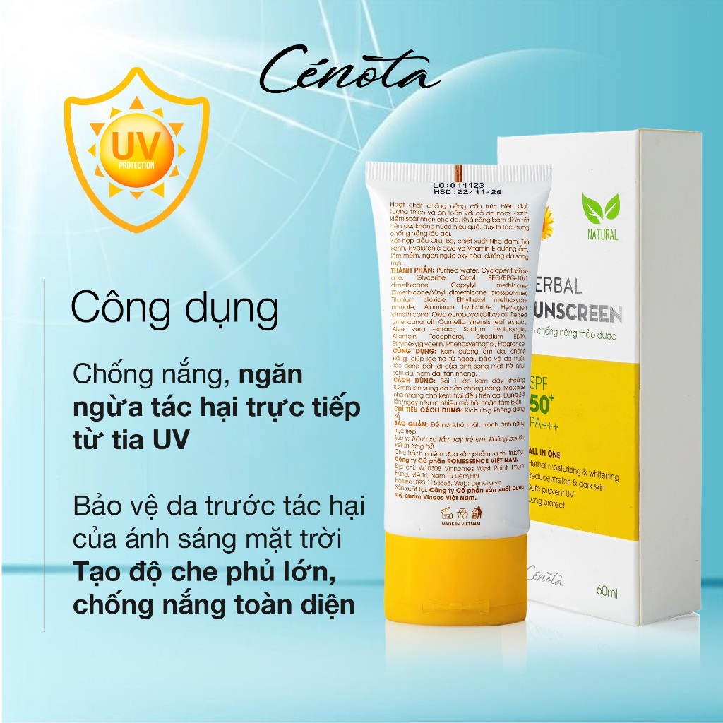 Ảnh Kem chống nắng thảo dược Cenota Herbal Sunscreen SPF 50+ 60ml, chống nắng 2 cơ chế Vật lí+Hóa học, kcn nâng tone 3
