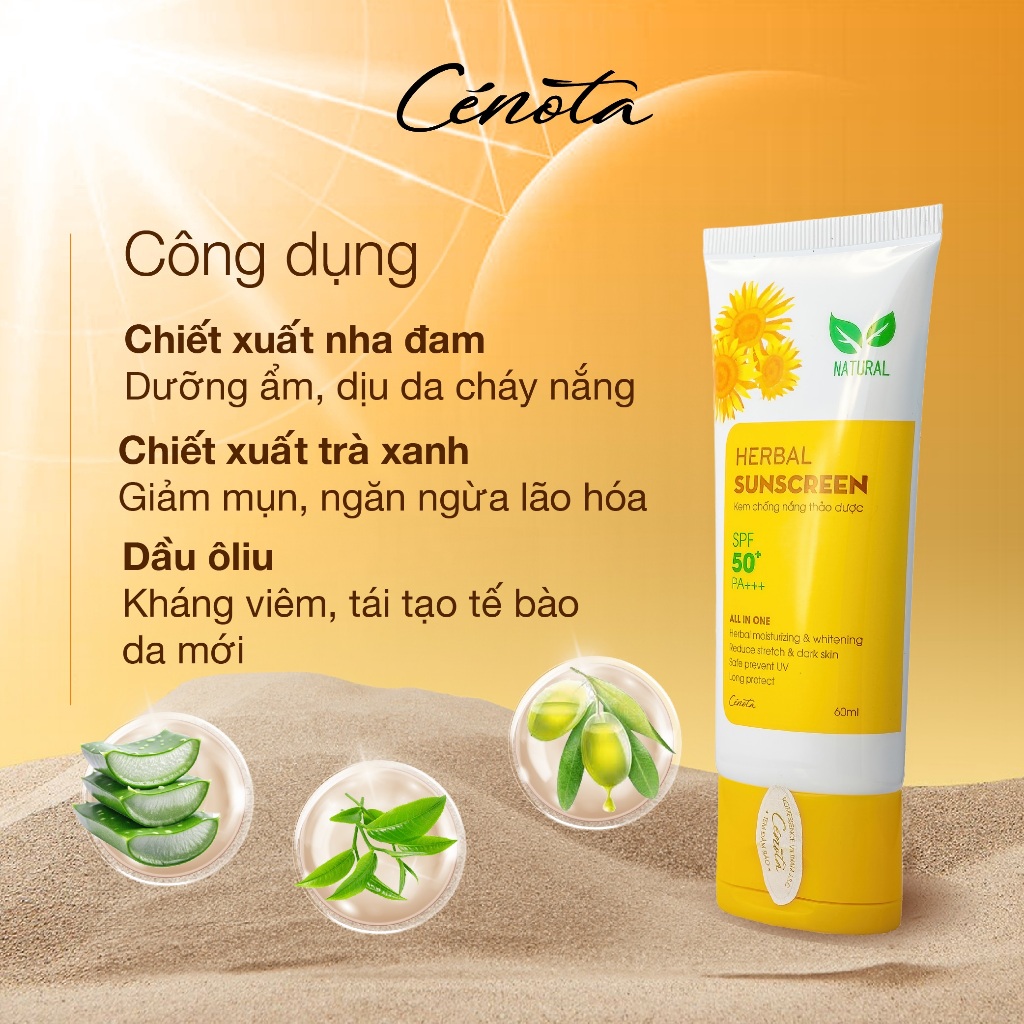 Ảnh Kem chống nắng thảo dược Cenota Herbal Sunscreen SPF 50+ 60ml, chống nắng 2 cơ chế Vật lí+Hóa học, kcn nâng tone 2